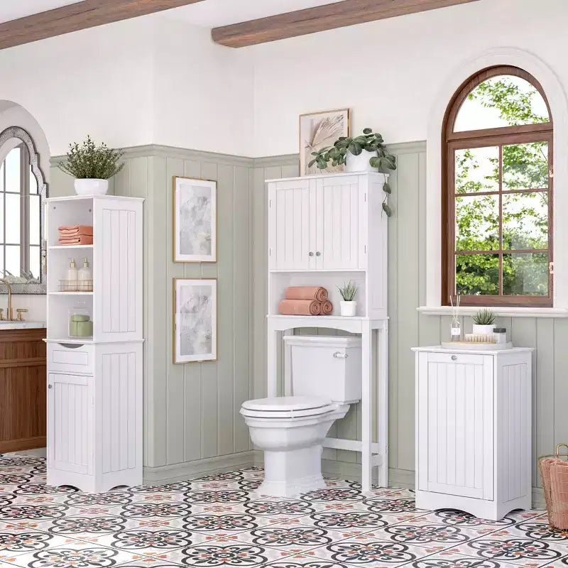 Tall Bathroom Linen Cabinet with Drawer & 6 Shelves, White MDF, 60"H