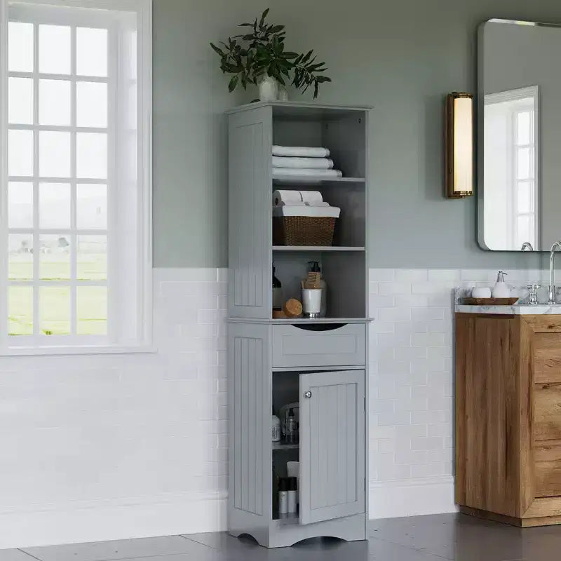 Tall Bathroom Linen Cabinet with Drawer & 6 Shelves, White MDF, 60"H