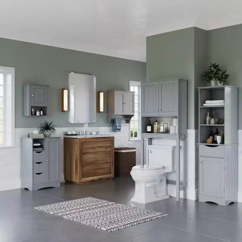 Tall Bathroom Linen Cabinet with Drawer & 6 Shelves, White MDF, 60"H