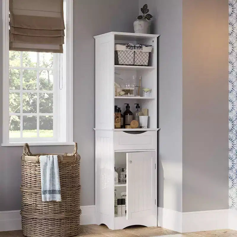 Tall Bathroom Linen Cabinet with Drawer & 6 Shelves, White MDF, 60"H