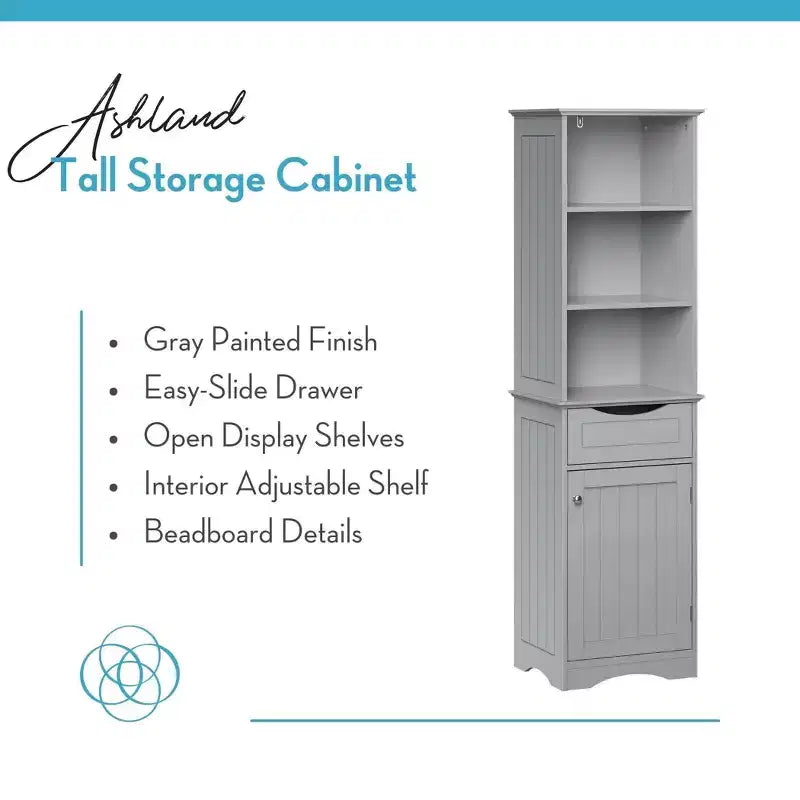 Tall Bathroom Linen Cabinet with Drawer & 6 Shelves, White MDF, 60"H