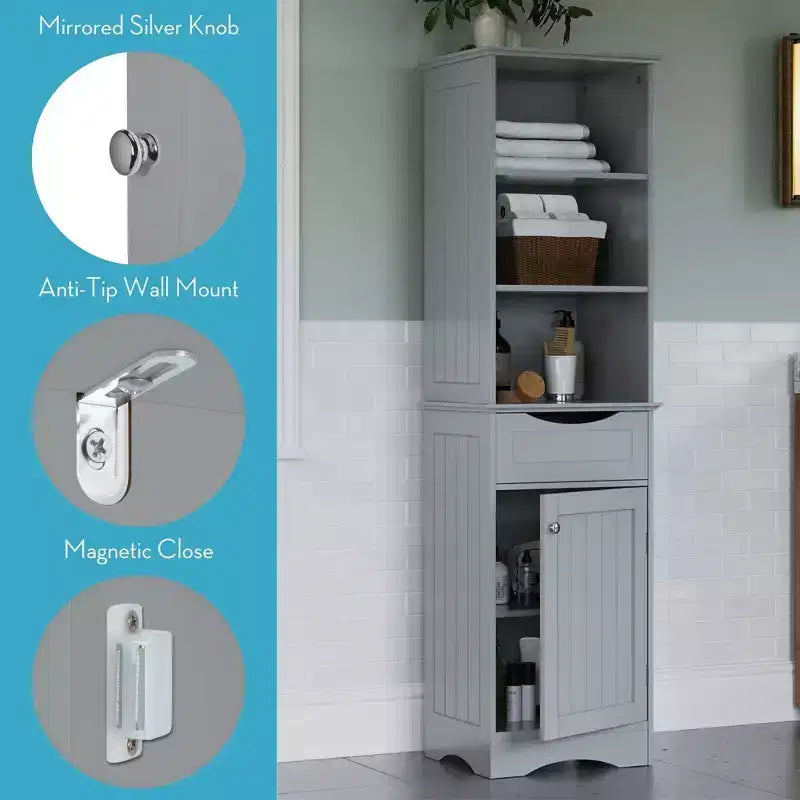 Tall Bathroom Linen Cabinet with Drawer & 6 Shelves, White MDF, 60"H