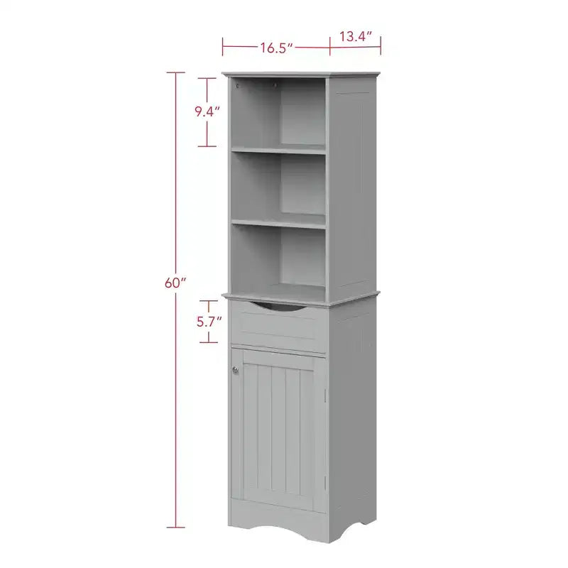 Tall Bathroom Linen Cabinet with Drawer & 6 Shelves, White MDF, 60"H