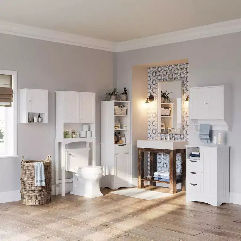 Tall Bathroom Linen Cabinet with Drawer & 6 Shelves, White MDF, 60"H