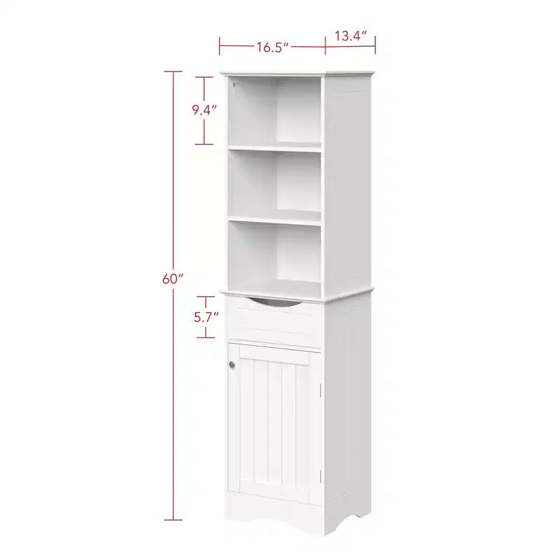 Tall Bathroom Linen Cabinet with Drawer & 6 Shelves, White MDF, 60"H