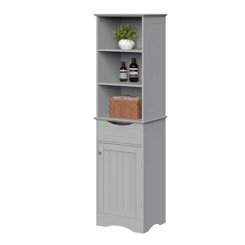 Tall Bathroom Linen Cabinet with Drawer & 6 Shelves, White MDF, 60"H