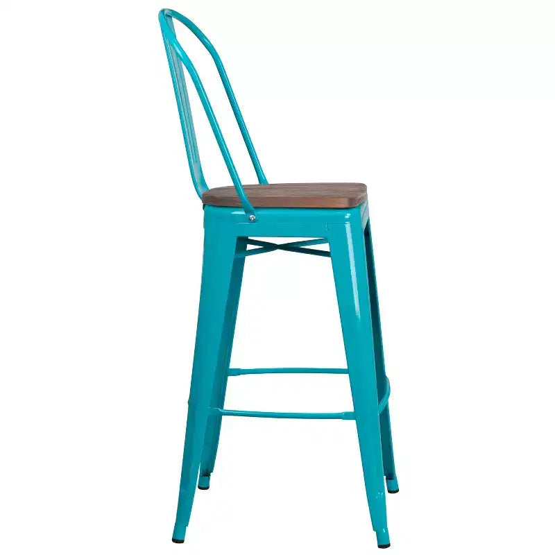 30" Metal Bistro Bar Stool with Curved Back & Textured Wood Seat, 500 lb Capacity