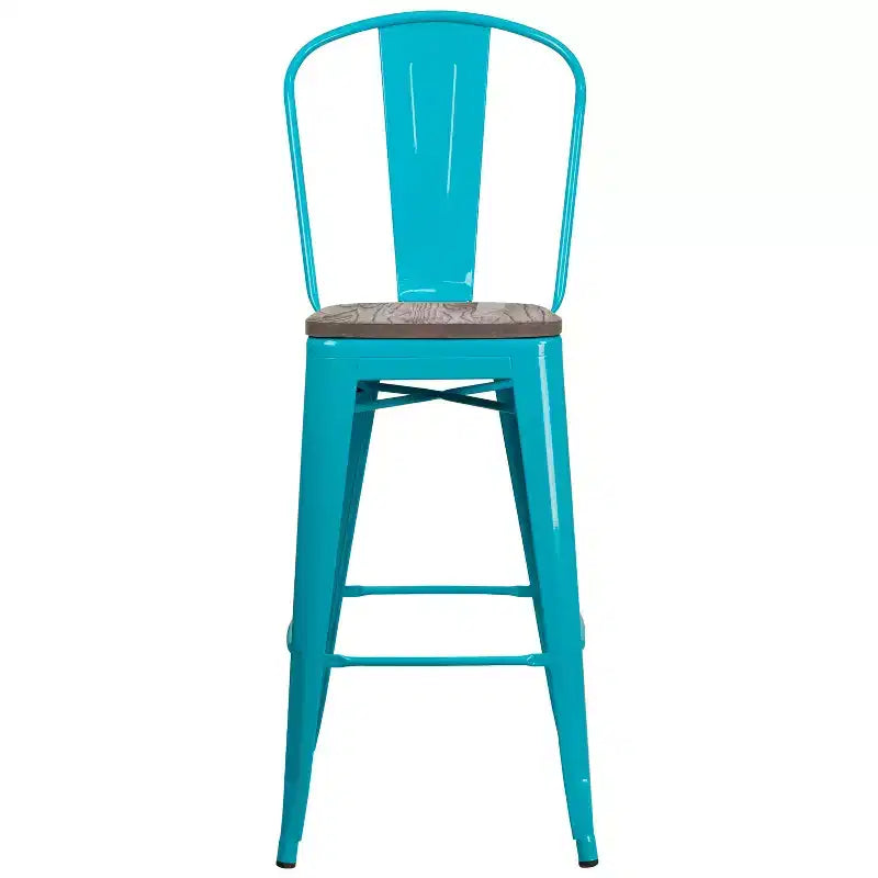 30" Metal Bistro Bar Stool with Curved Back & Textured Wood Seat, 500 lb Capacity