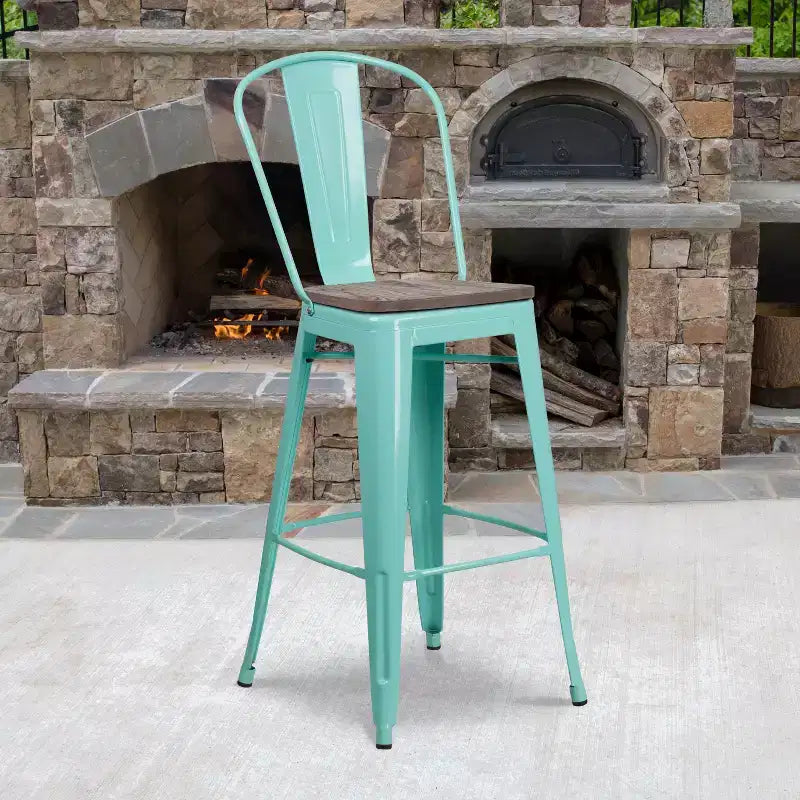 30" Metal Bistro Bar Stool with Curved Back & Textured Wood Seat, 500 lb Capacity