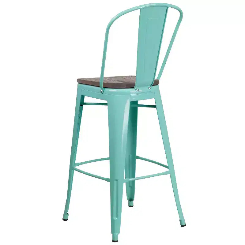 30" Metal Bistro Bar Stool with Curved Back & Textured Wood Seat, 500 lb Capacity