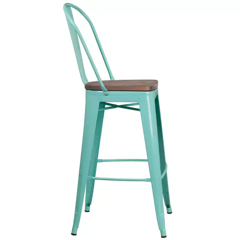 30" Metal Bistro Bar Stool with Curved Back & Textured Wood Seat, 500 lb Capacity