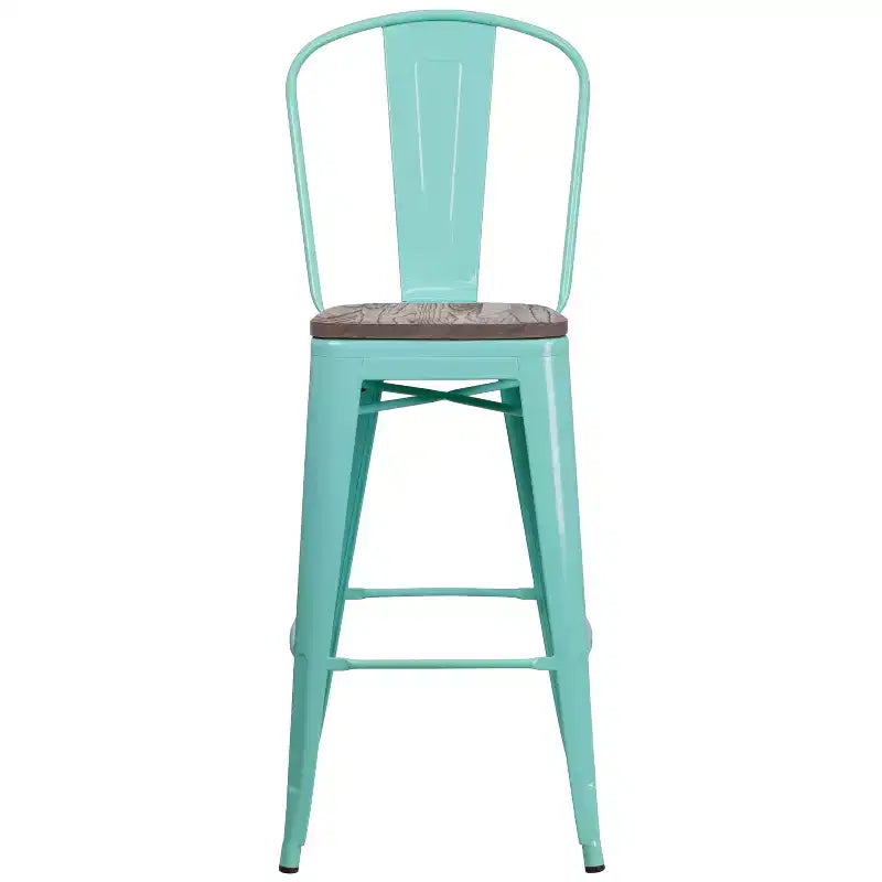 30" Metal Bistro Bar Stool with Curved Back & Textured Wood Seat, 500 lb Capacity