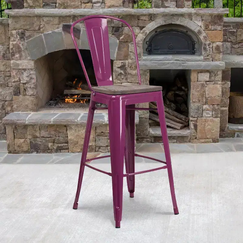 30" Metal Bistro Bar Stool with Curved Back & Textured Wood Seat, 500 lb Capacity