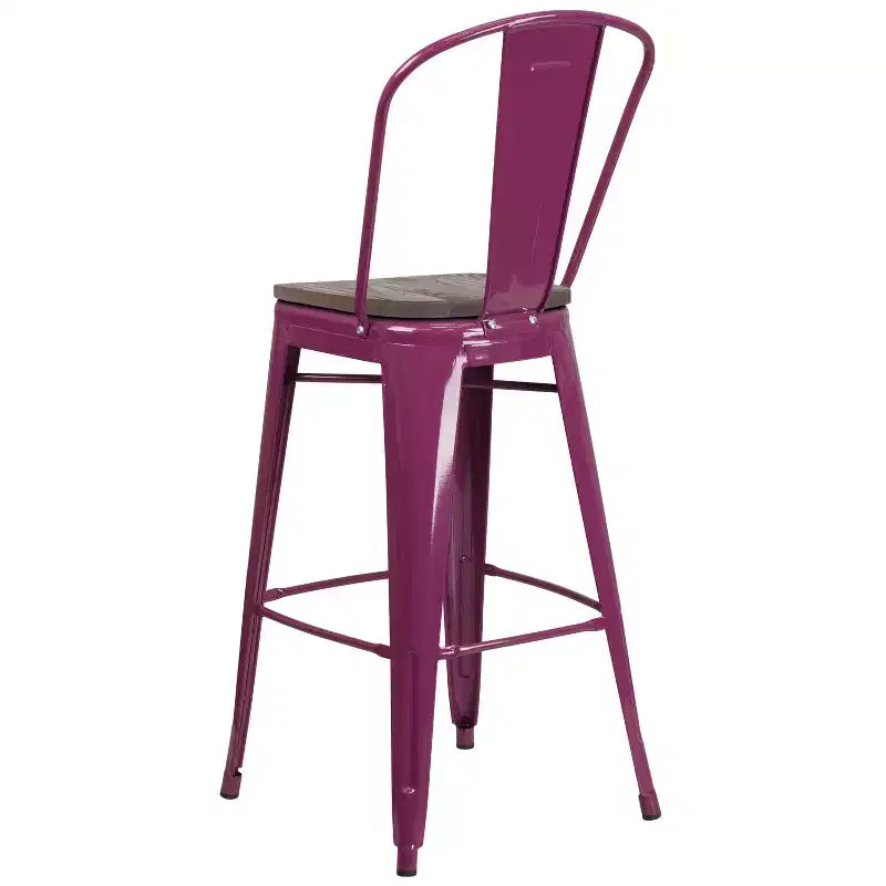 30" Metal Bistro Bar Stool with Curved Back & Textured Wood Seat, 500 lb Capacity