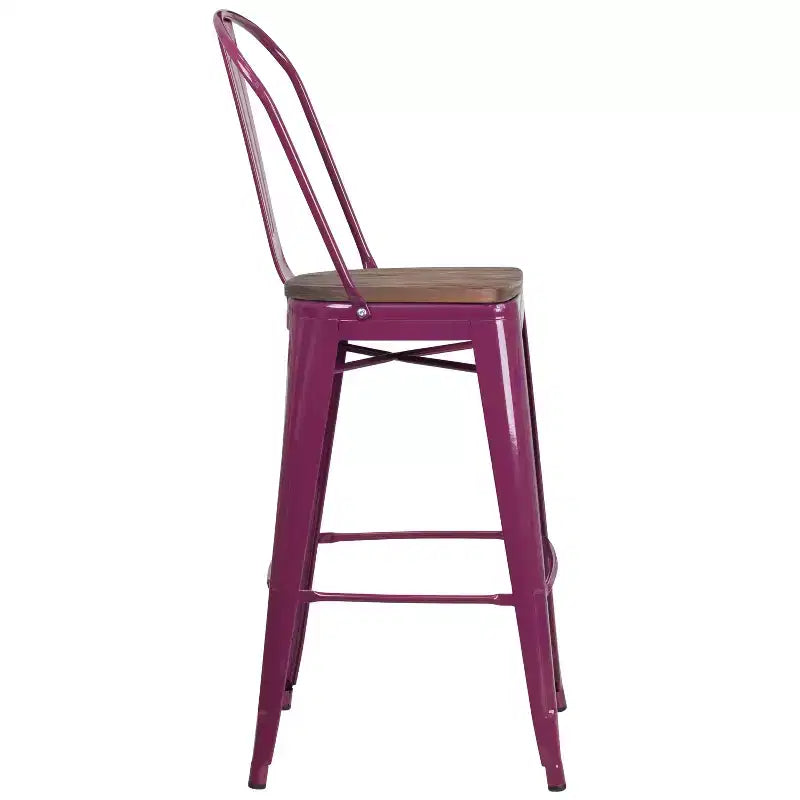 30" Metal Bistro Bar Stool with Curved Back & Textured Wood Seat, 500 lb Capacity