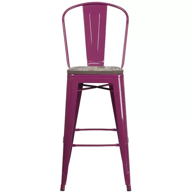 30" Metal Bistro Bar Stool with Curved Back & Textured Wood Seat, 500 lb Capacity