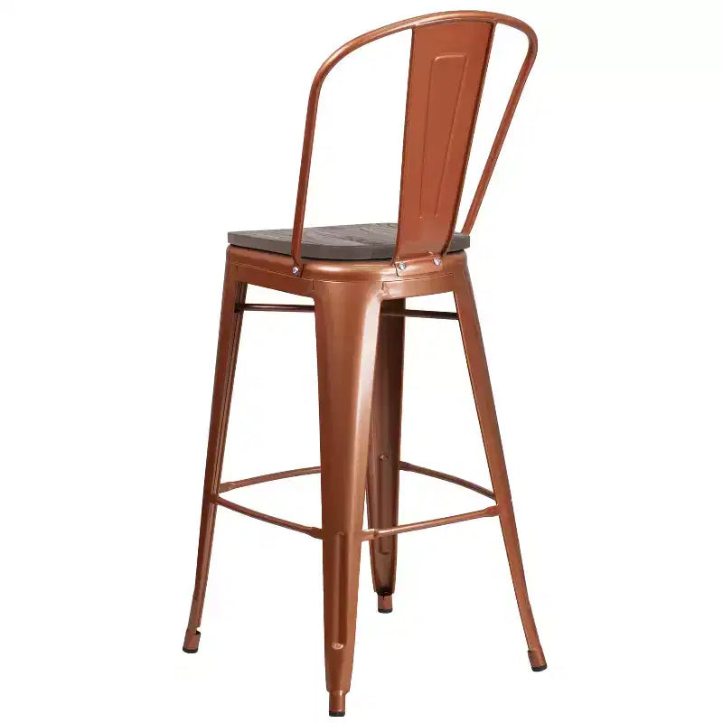 30" Metal Bistro Bar Stool with Curved Back & Textured Wood Seat, 500 lb Capacity
