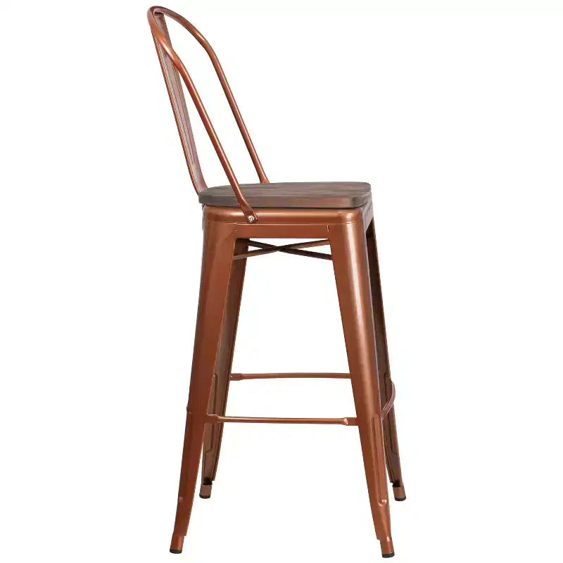 30" Metal Bistro Bar Stool with Curved Back & Textured Wood Seat, 500 lb Capacity