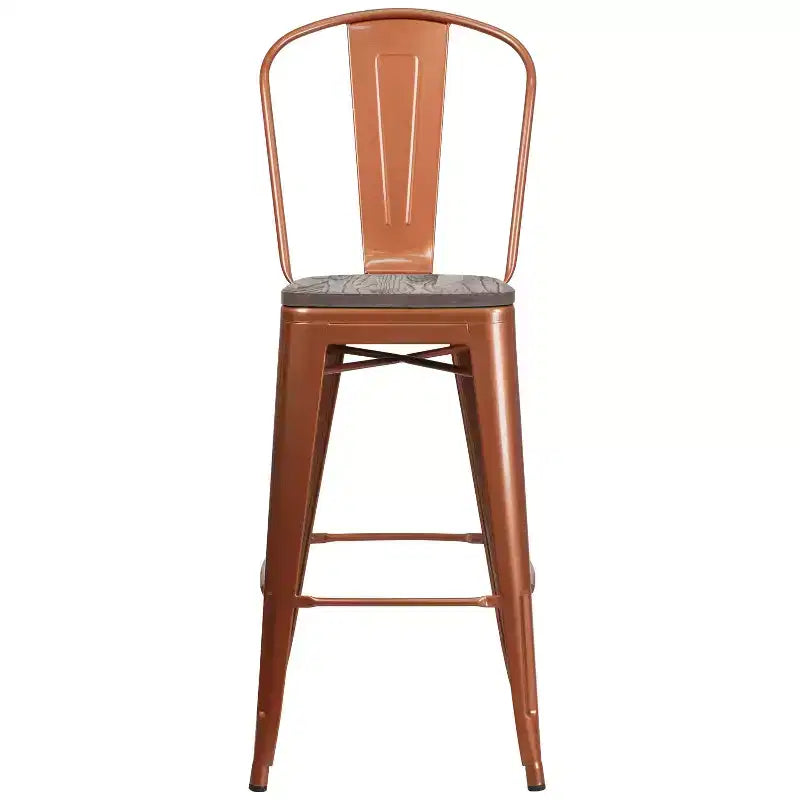 30" Metal Bistro Bar Stool with Curved Back & Textured Wood Seat, 500 lb Capacity