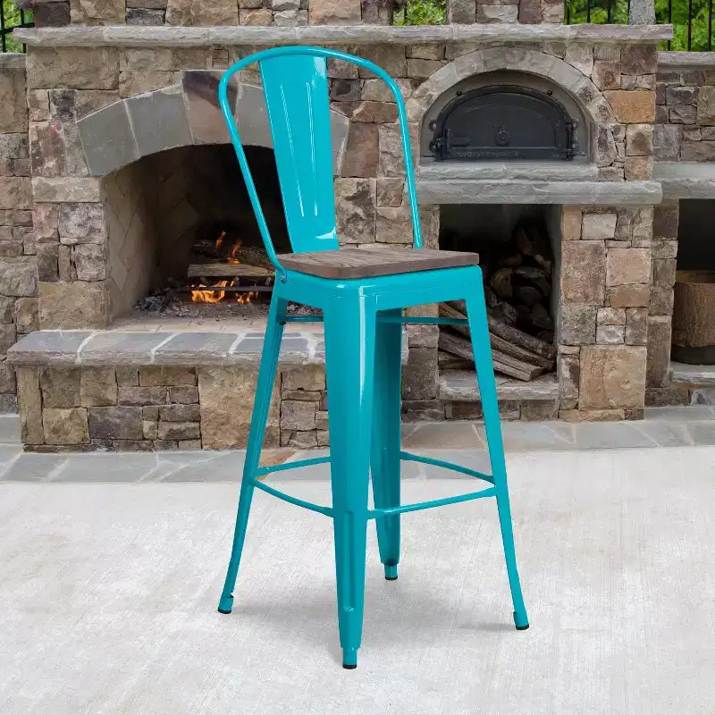 30" Metal Bistro Bar Stool with Curved Back & Textured Wood Seat, 500 lb Capacity