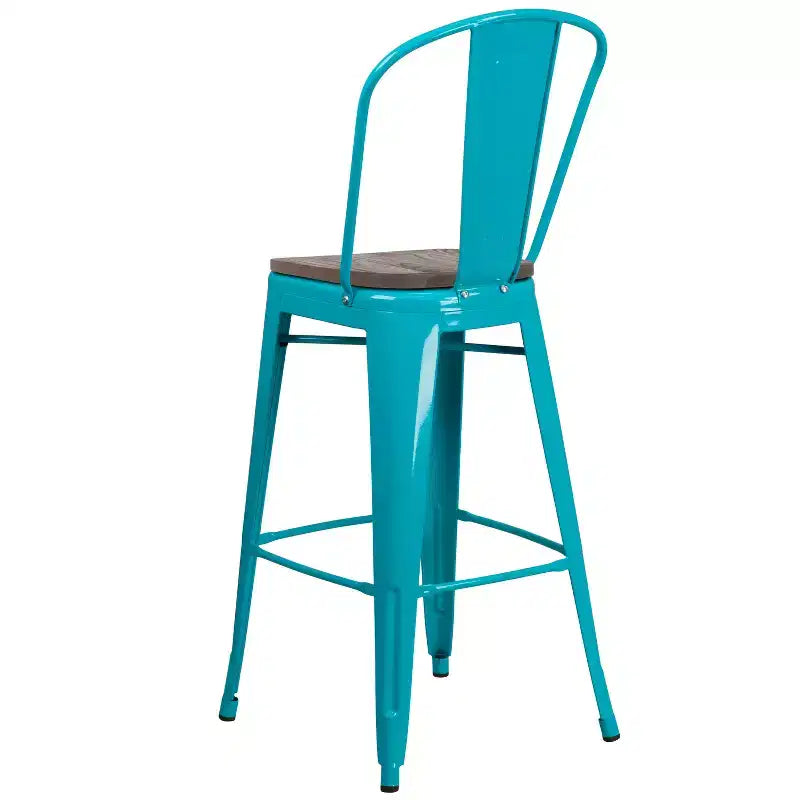 30" Metal Bistro Bar Stool with Curved Back & Textured Wood Seat, 500 lb Capacity