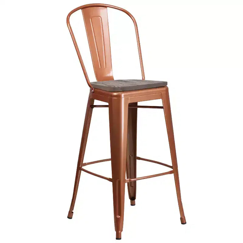 30" Metal Bistro Bar Stool with Curved Back & Textured Wood Seat, 500 lb Capacity