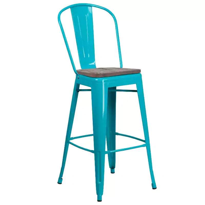 30" Metal Bistro Bar Stool with Curved Back & Textured Wood Seat, 500 lb Capacity