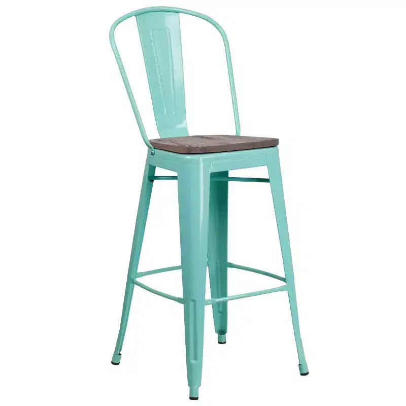 30" Metal Bistro Bar Stool with Curved Back & Textured Wood Seat, 500 lb Capacity
