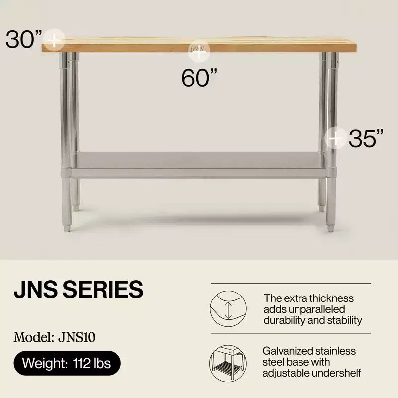 Tavolo da lavoro con piano in legno d'acero e ripiano inferiore regolabile, 152x76 cm, approvato NSF