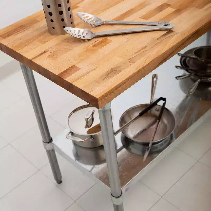 Tavolo da lavoro con piano in legno d'acero e ripiano inferiore regolabile, 152x76 cm, approvato NSF