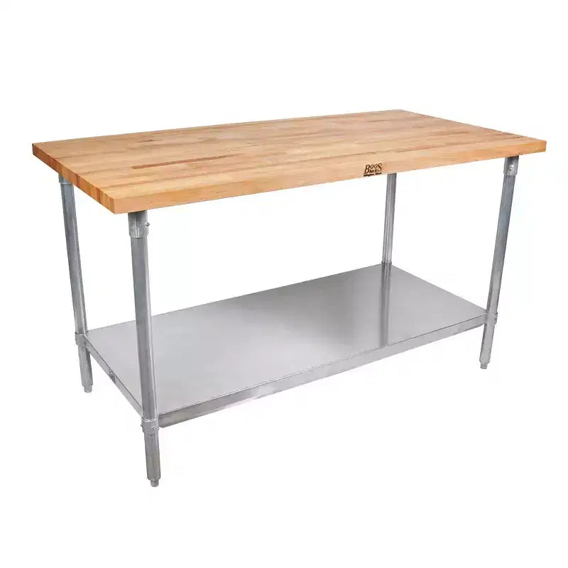 Tavolo da lavoro con piano in legno d'acero e ripiano inferiore regolabile, 152x76 cm, approvato NSF