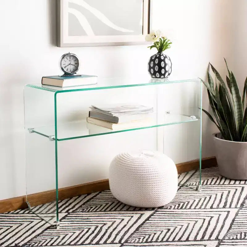 Clear Tempered Glass Console Table with Lower Shelf, 43.3"W, Modern Minimalist