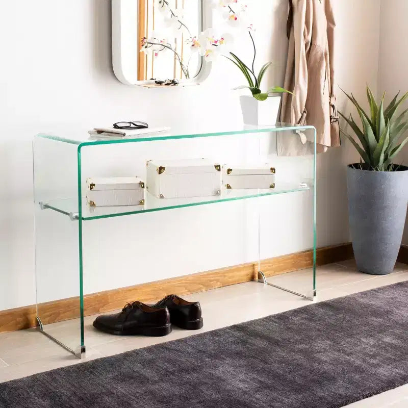 Clear Tempered Glass Console Table with Lower Shelf, 43.3"W, Modern Minimalist