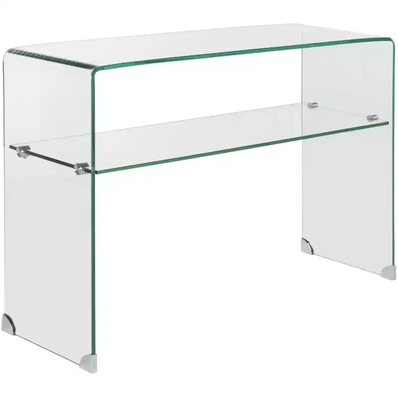 Consolle in vetro temperato trasparente con ripiano inferiore, 43,3" L, stile moderno minimalista