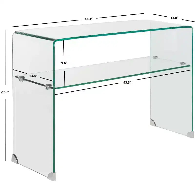 Consolle in vetro temperato trasparente con ripiano inferiore, 43,3" L, stile moderno minimalista