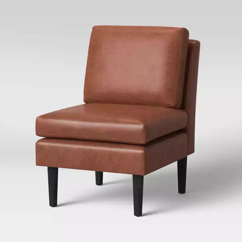 Faux Leather Slipper Chair with Tapered Wood Legs, Caramel, 250 lb Capacity