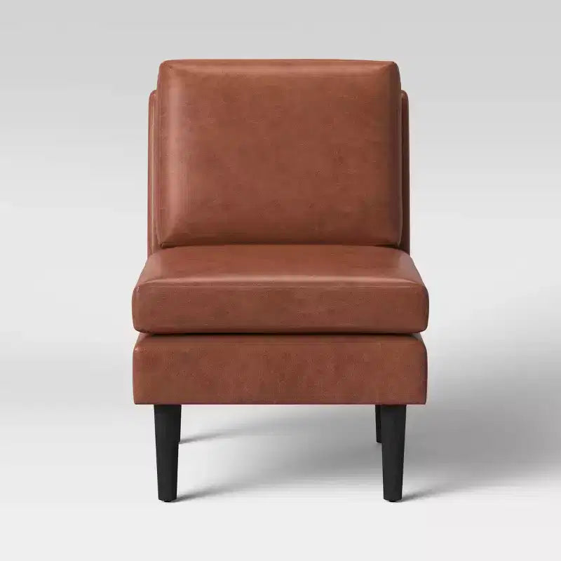 Faux Leather Slipper Chair with Tapered Wood Legs, Caramel, 250 lb Capacity