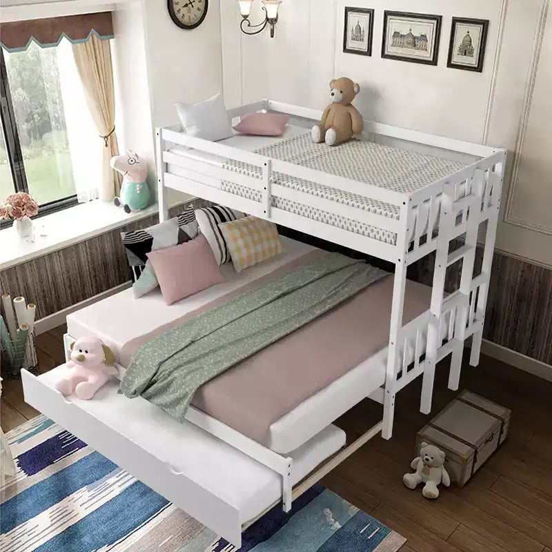Letto a castello estraibile con letto singolo supplementare e scaletta in legno, bianco/espresso