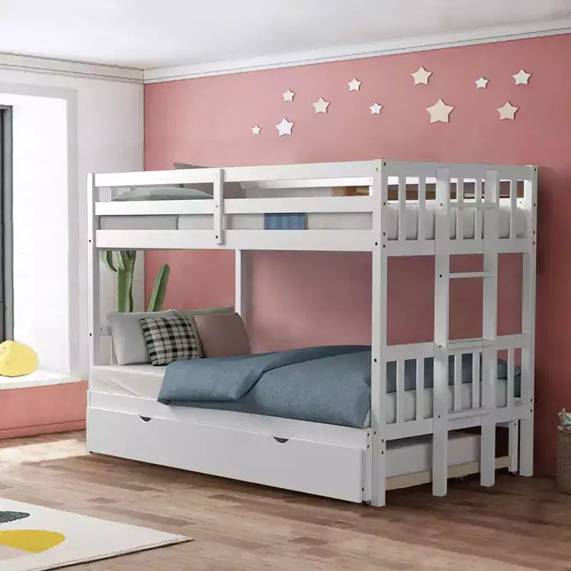 Letto a castello estraibile con letto singolo supplementare e scaletta in legno, bianco/espresso