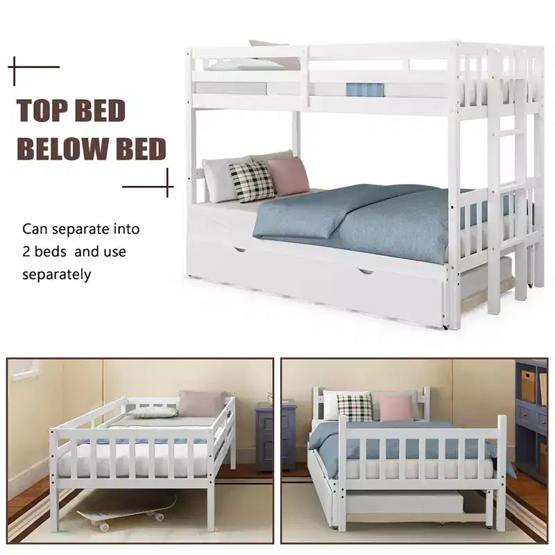 Letto a castello estraibile con letto singolo supplementare e scaletta in legno, bianco/espresso