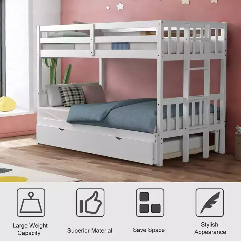 Letto a castello estraibile con letto singolo supplementare e scaletta in legno, bianco/espresso
