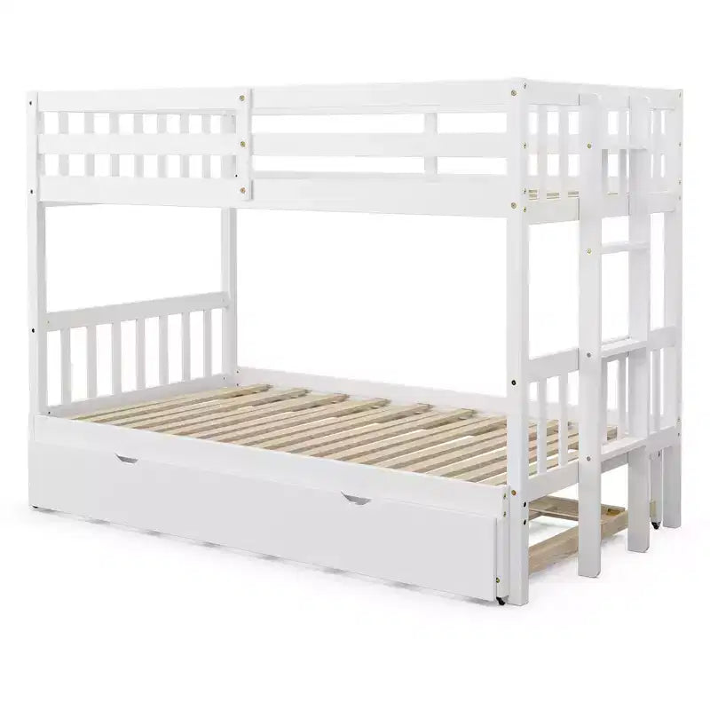 Letto a castello estraibile con letto singolo supplementare e scaletta in legno, bianco/espresso
