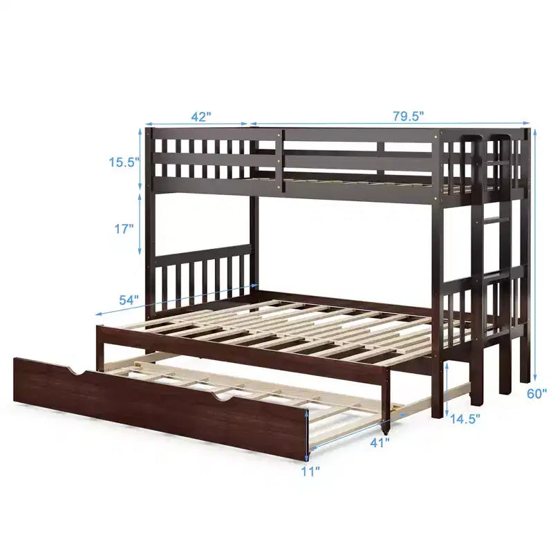 Letto a castello estraibile con letto singolo supplementare e scaletta in legno, bianco/espresso