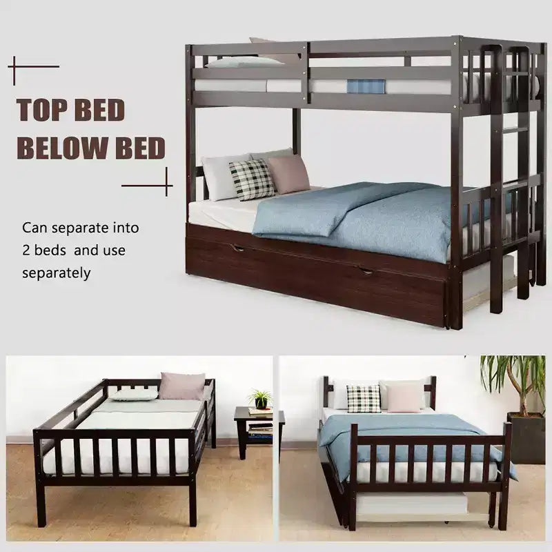 Letto a castello estraibile con letto singolo supplementare e scaletta in legno, bianco/espresso