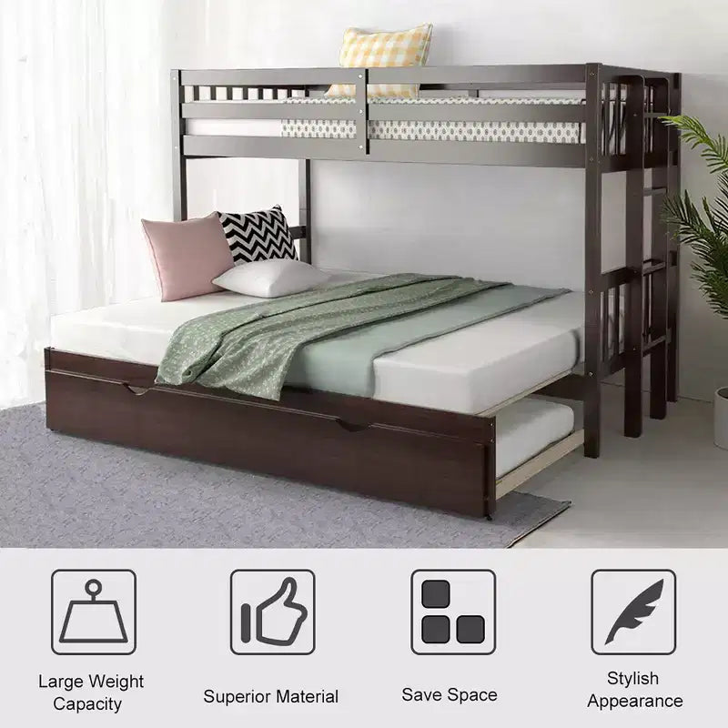 Letto a castello estraibile con letto singolo supplementare e scaletta in legno, bianco/espresso