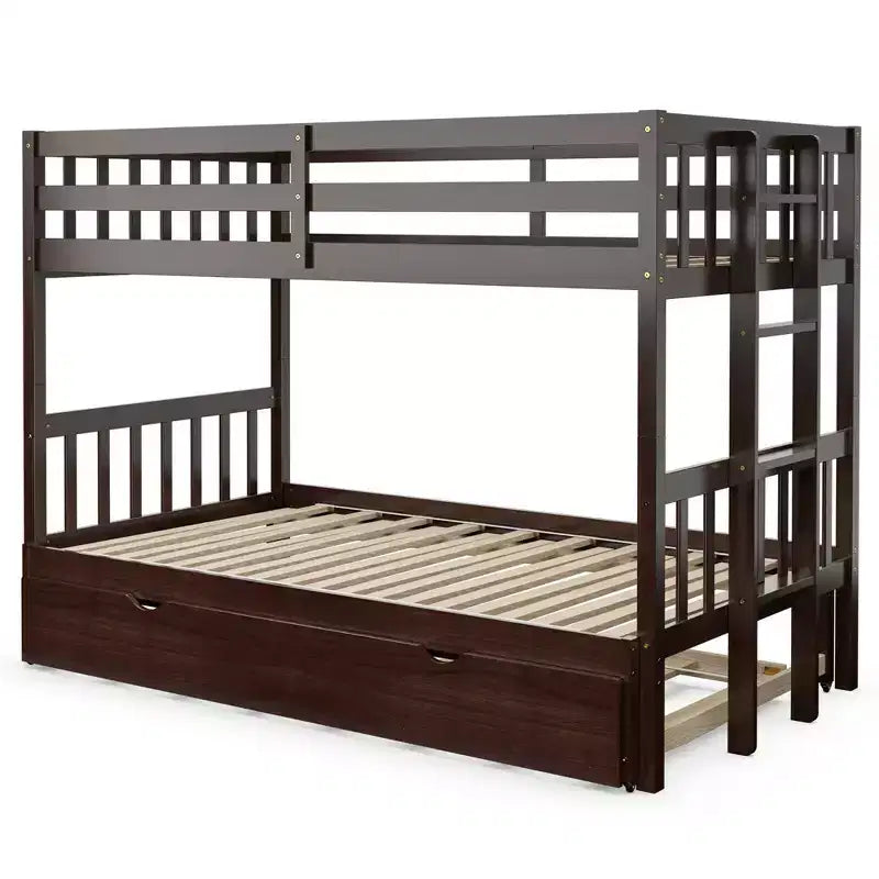 Letto a castello estraibile con letto singolo supplementare e scaletta in legno, bianco/espresso