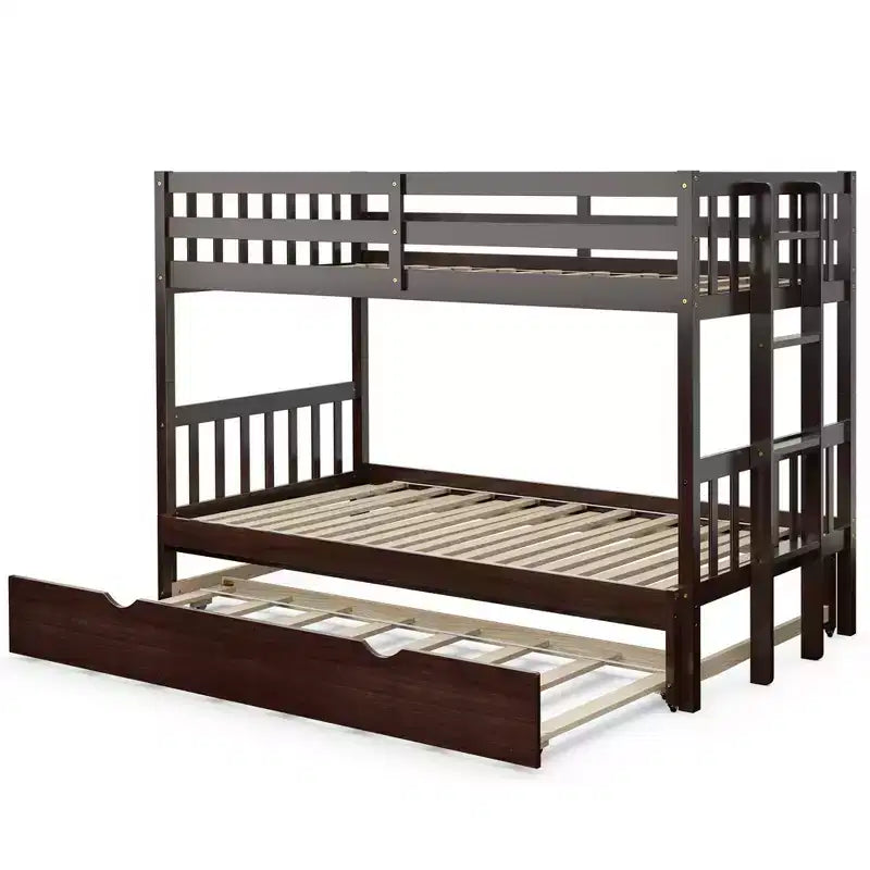Letto a castello estraibile con letto singolo supplementare e scaletta in legno, bianco/espresso
