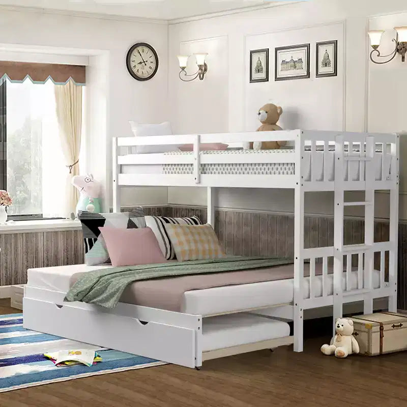 Letto a castello estraibile con letto singolo supplementare e scaletta in legno, bianco/espresso
