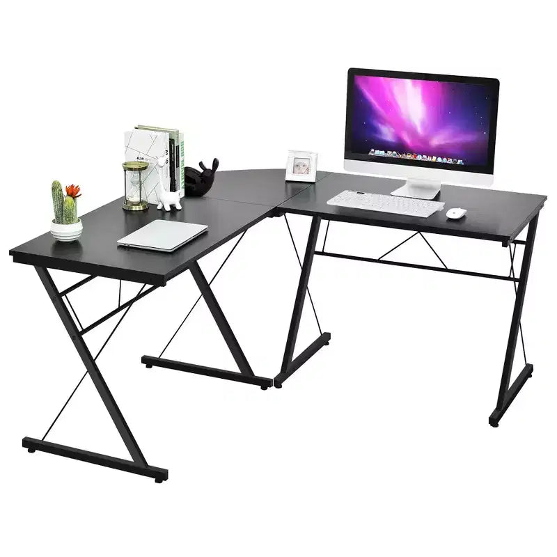 Costway 59'' L-Shaped Computer Table Study Workstation Home Office Brown\Black