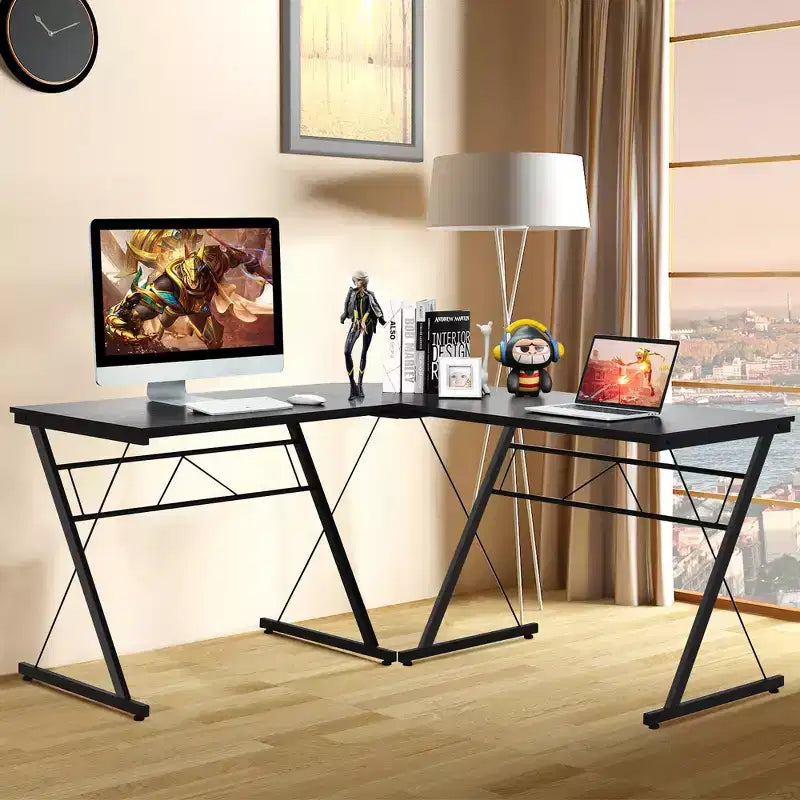Scrivania per computer e workstation studio a L da 150 cm, marrone e nero, salvaspazio ad angolo